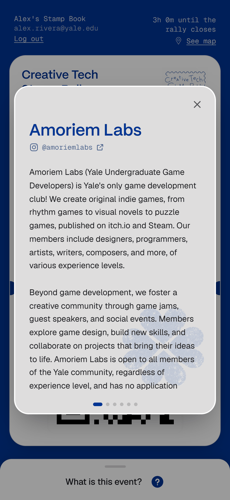 A club card open, describing Amoriem Labs