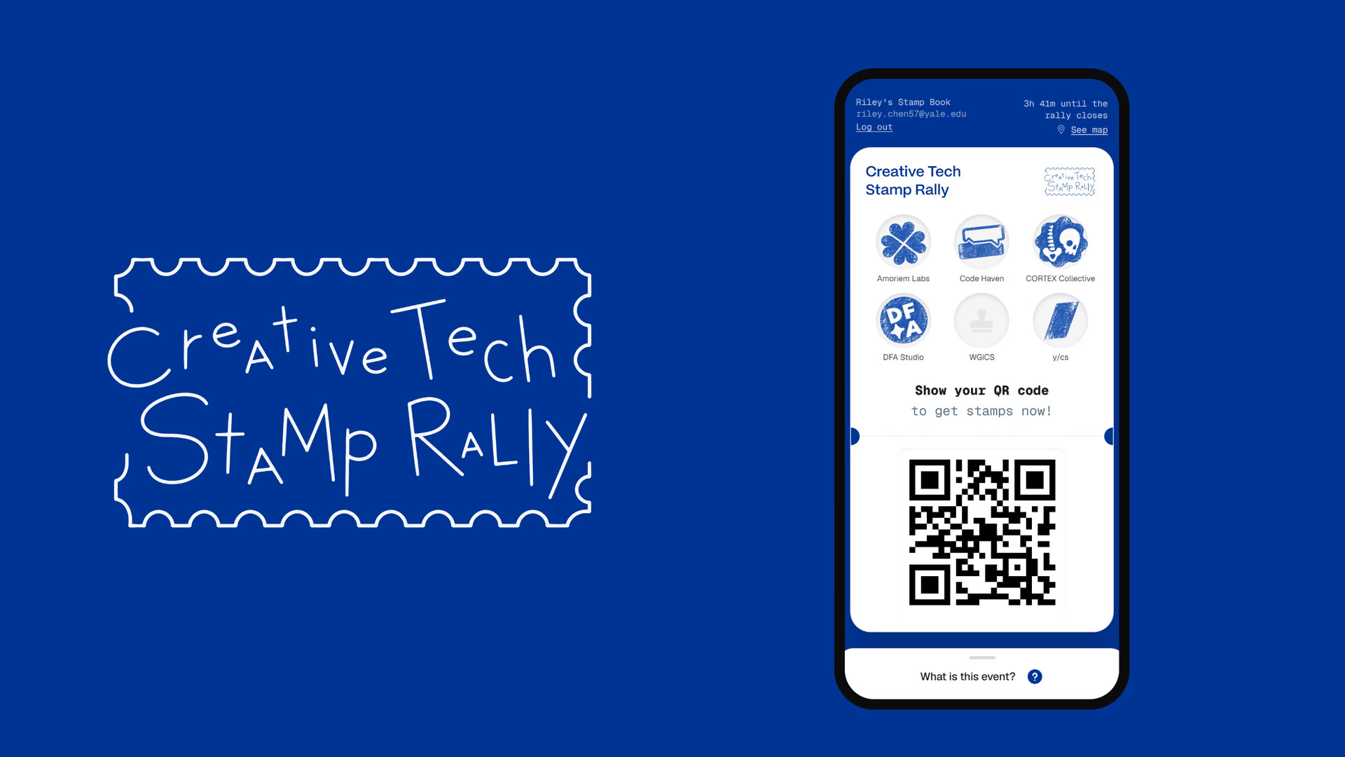The Creative Tech Stamp Rally logo beside a phone showing a student's stamp card with five of six club stamps