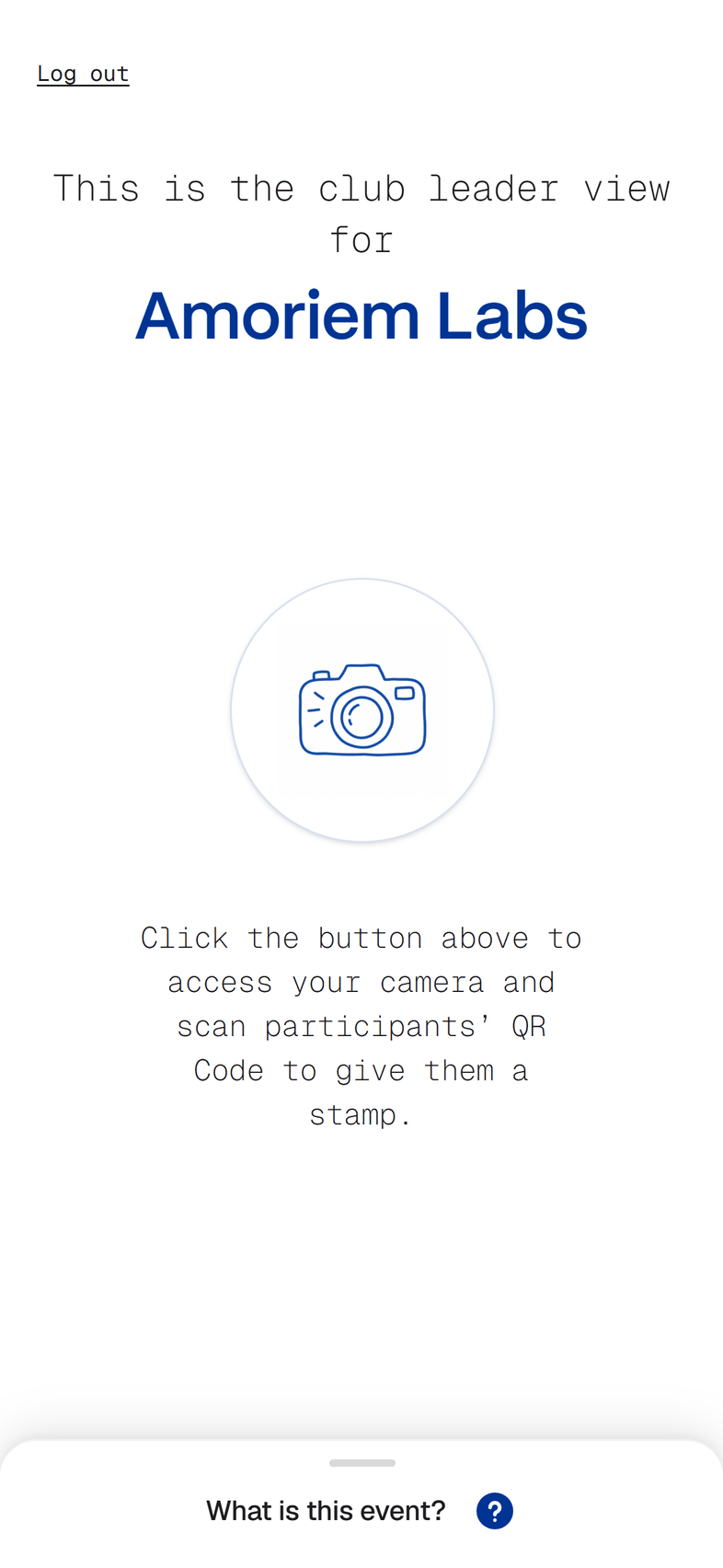The club leader view, with a button to open the camera and scan