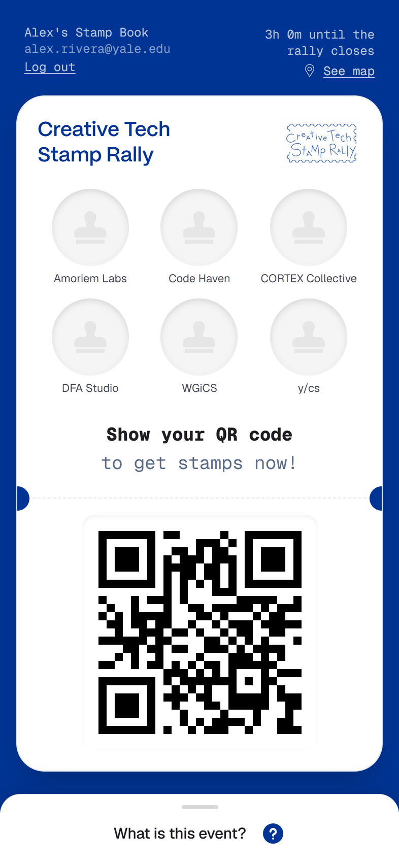 The participant's stamp card with six empty stamps and a QR code